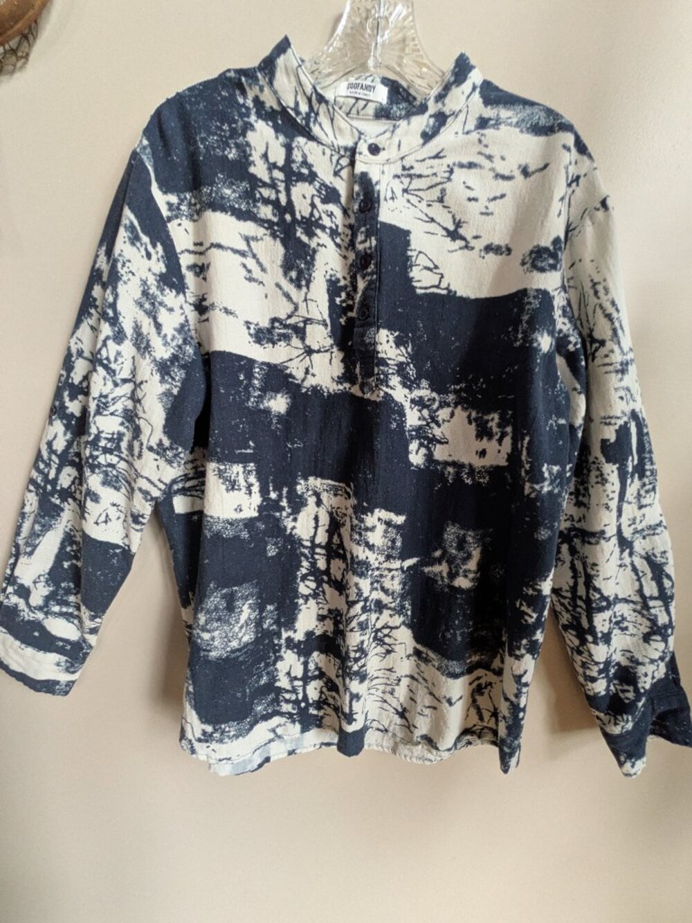 Coofandy Mens Long Sleeve 4 Button Up Shirt Blue/White Size L Cotton/Hemp #745